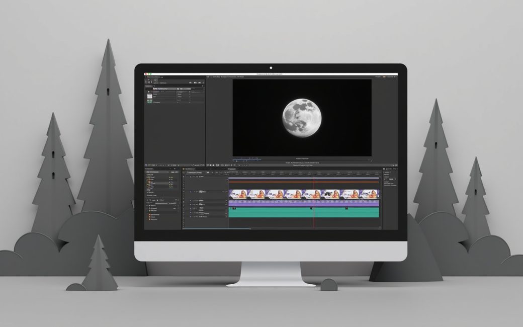 Adobe Premiere Pro workspace with project panel, timeline, and preview monitor visible