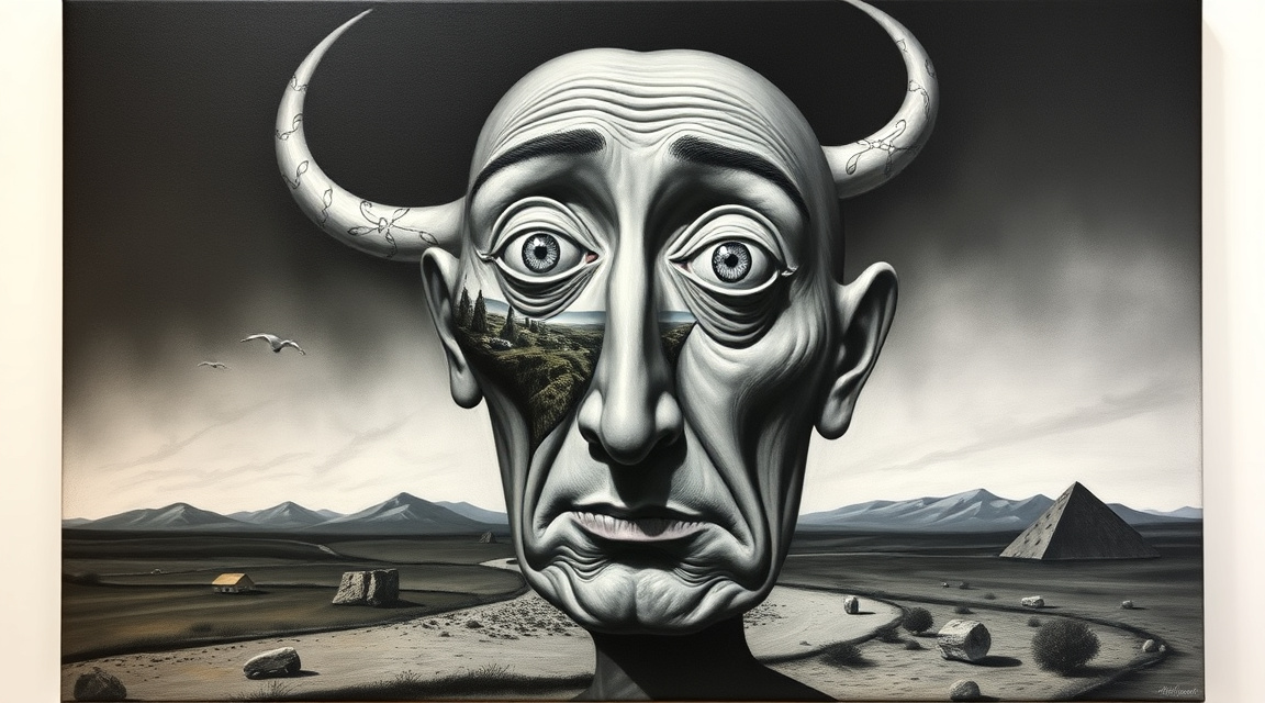 Surrealist painting with a face that doubles as a landscape, characteristic of Dalí's technique