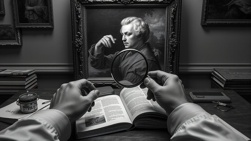 Close examination of a painting's details with reference materials and authentication tools