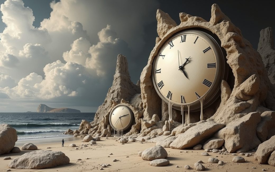 Melting pocket watches draped over objects in a surreal landscape by Salvador Dalí