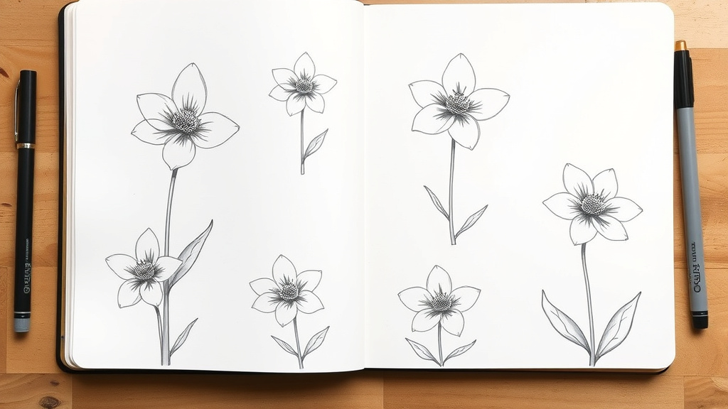 Sketchbook with repeated flower drawings at different angles