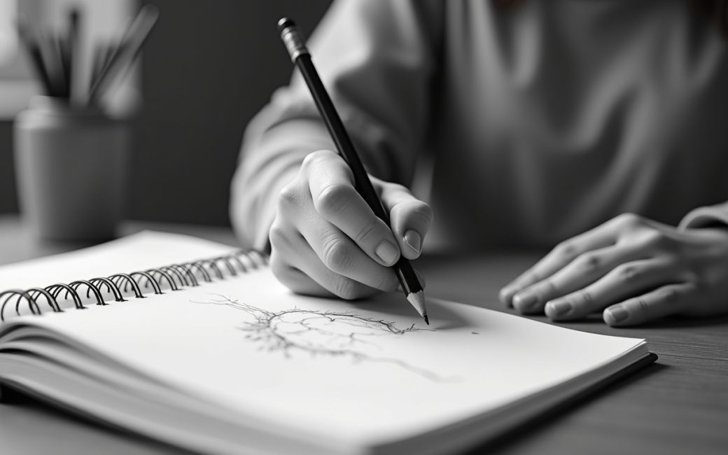 Person at a sketchbook with pencil in hand, facing a blank page