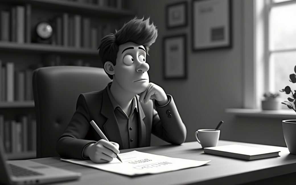 A writer pauses at their desk, pen in hand, contemplating how to express an idea beyond literal words.