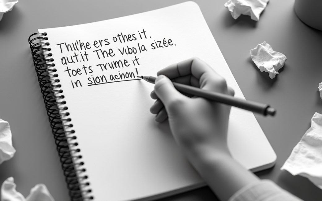 A writer revises a sentence at a desk, surrounded by draft pages